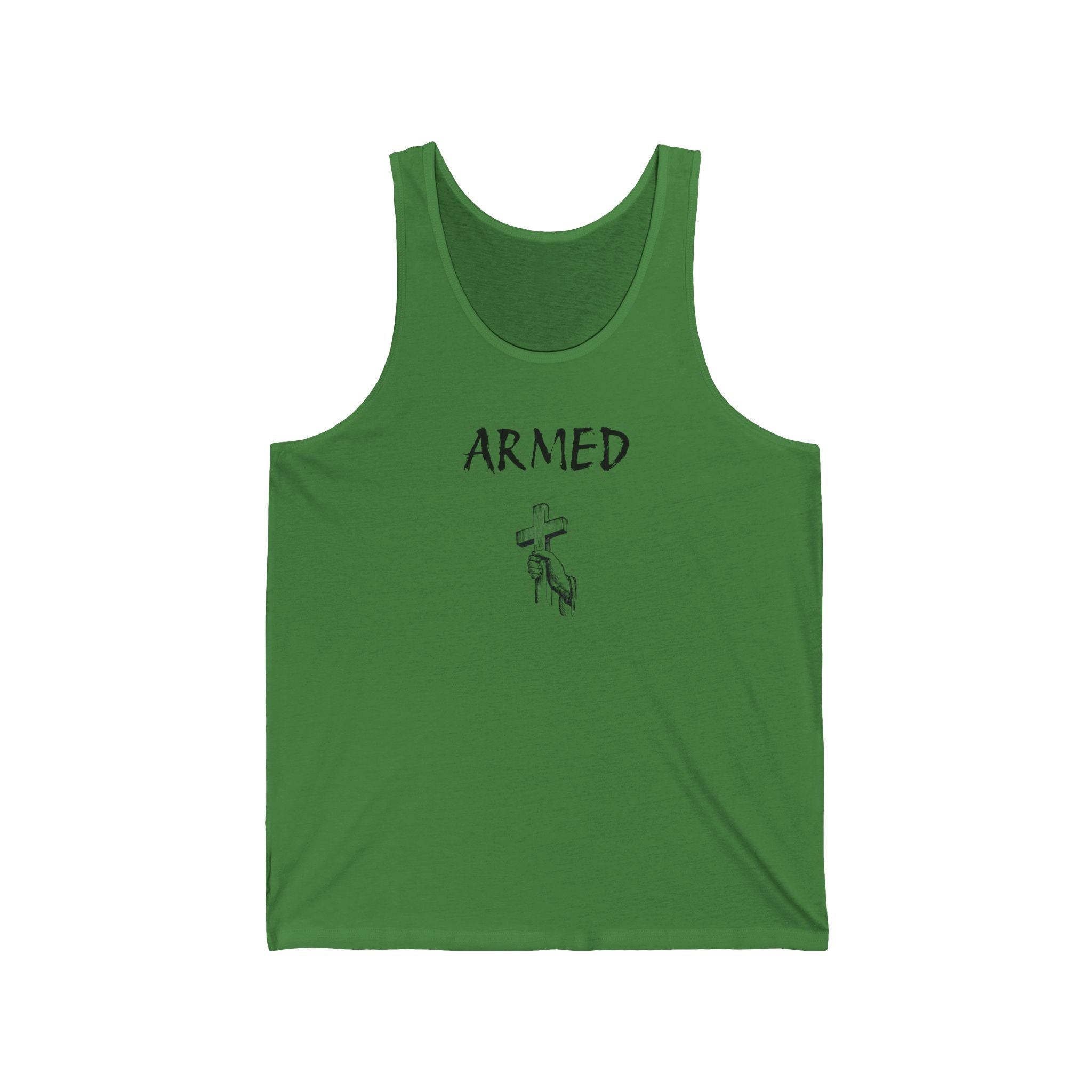 Green tank top with 'ARMED' and a graphic design on a white background